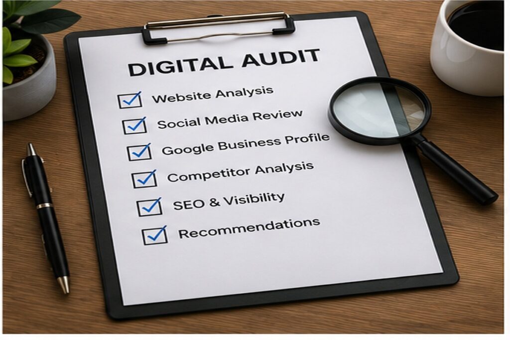 Digital audit clipboard checklist showing website analysis, social media review, Google Business Profile, competitor analysis, SEO and visibility, and recommendations with a magnifying glass on a wooden desk