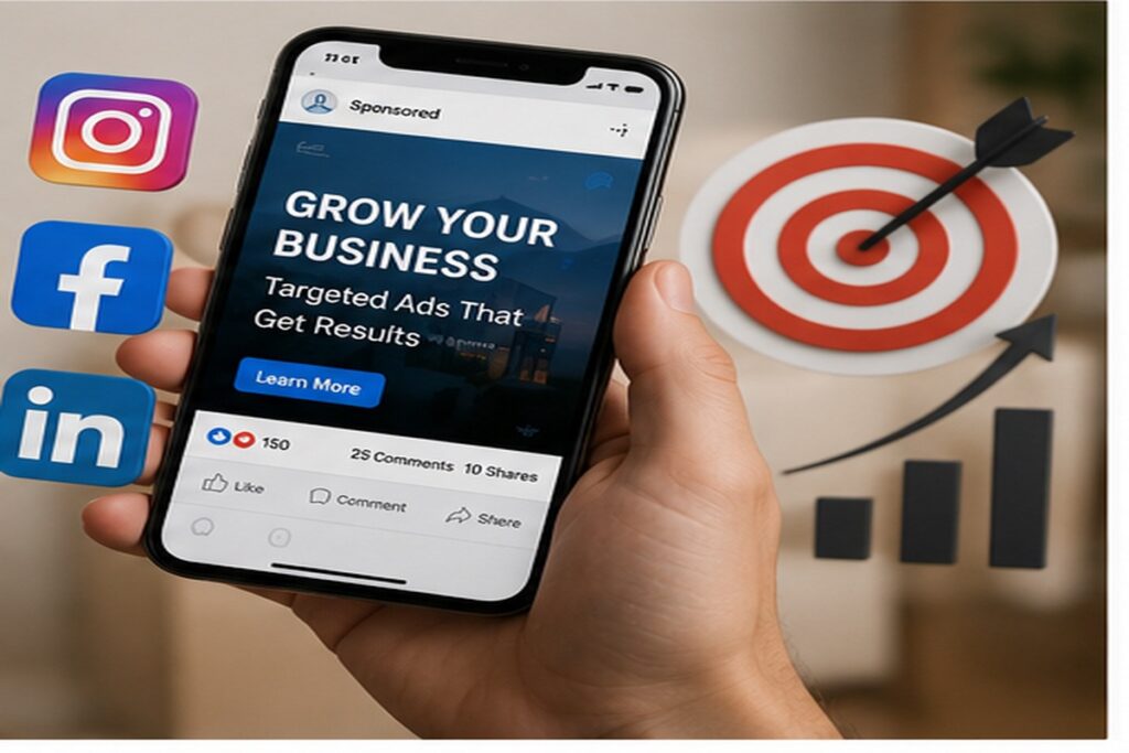 Hand holding a smartphone displaying a sponsored social media ad saying Grow Your Business with Targeted Ads That Get Results alongside Instagram, Facebook, and LinkedIn icons and a target with arrow on a bar chart background