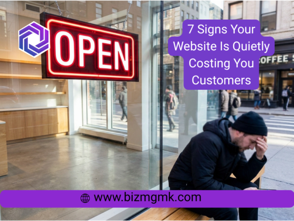 Frustrated customer looking at a poorly designed local business website on a smartphone outside a storefront.