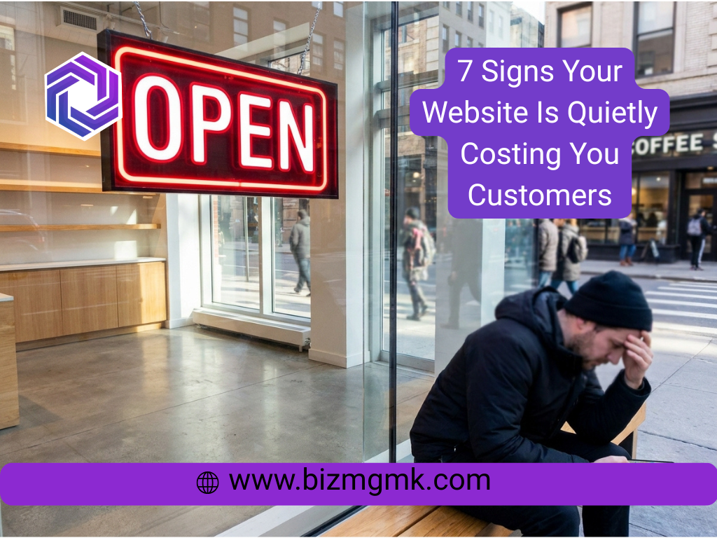 Frustrated customer looking at a poorly designed local business website on a smartphone outside a storefront.