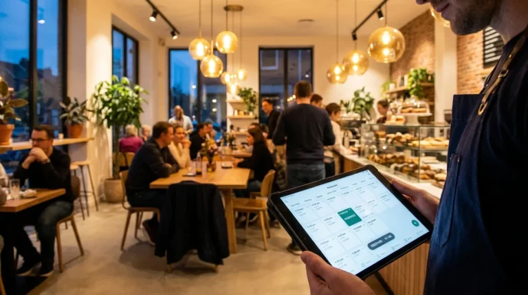Cafe manager in a modern, well-lit restaurant using a digital tablet for an online reservation system.