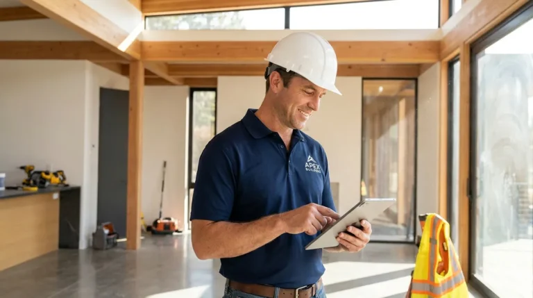 General contractor at a modern residential construction site showing a digital project portfolio on a tablet.