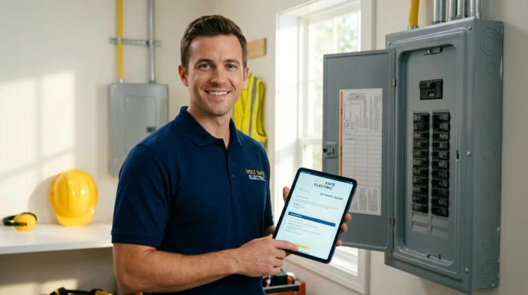 Licensed electrician standing by a home electrical panel holding a glowing tablet for digital service quotes.