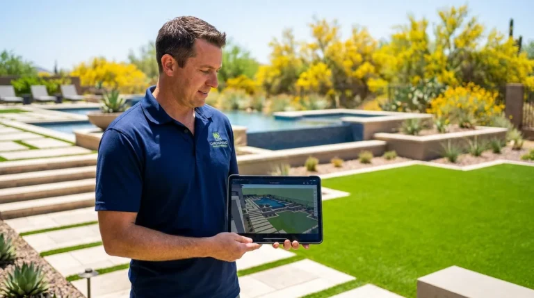 Landscape designer in a luxury backyard using a digital tablet to show 3D landscaping layouts and project plans.