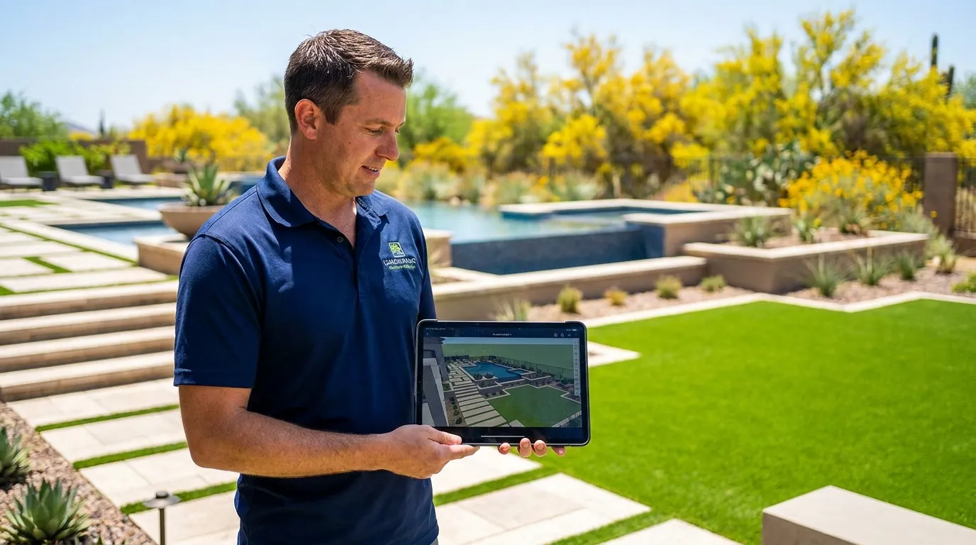 Landscape designer in a luxury backyard using a digital tablet to show 3D landscaping layouts and project plans.