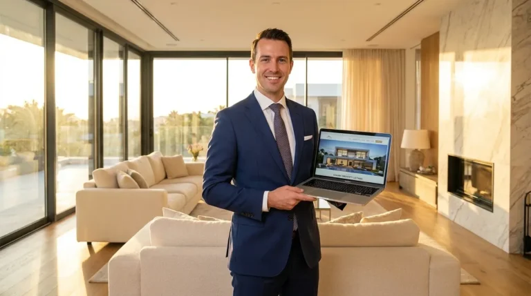 Real estate agent in a luxury home using a modern laptop to view property listing websites.
