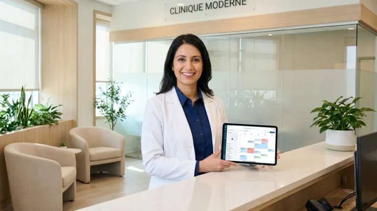 Doctor in a clean medical clinic reception area using a digital patient scheduling interface on a tablet.