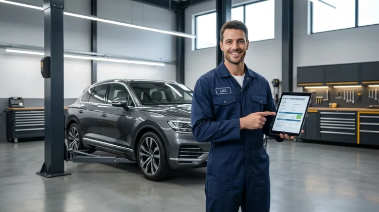 Auto mechanic in a clean repair shop showing a digital vehicle inspection report on a tablet
