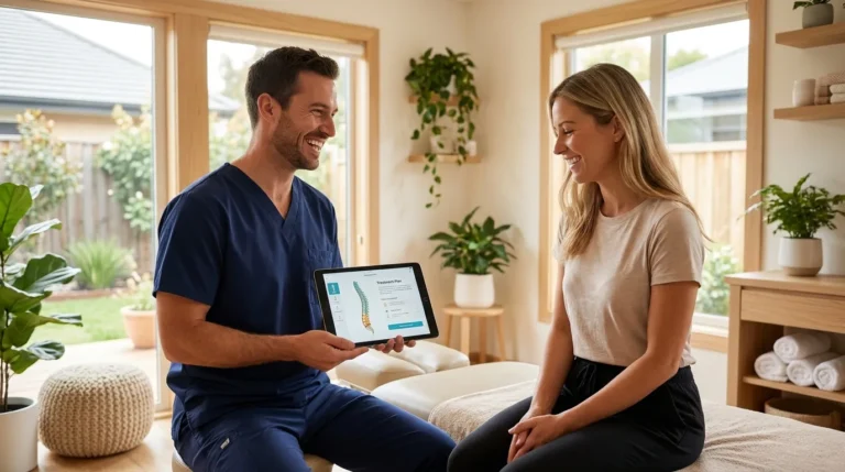 Chiropractor in a modern clinic showing a digital treatment plan on a tablet to a smiling patient.