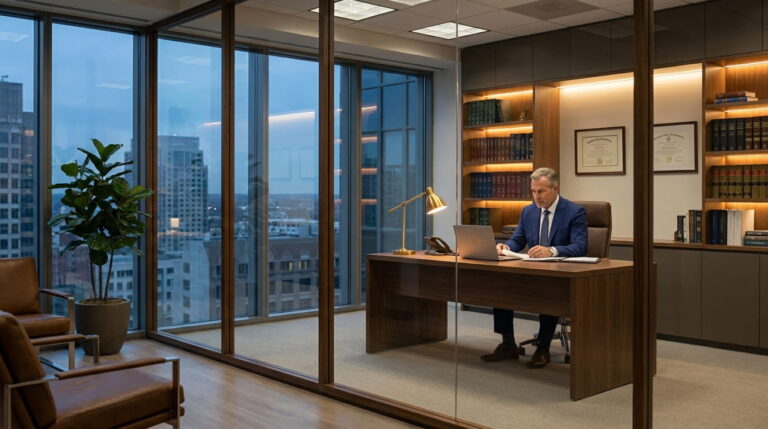 Professional attorney in a modern law office reviewing legal documents and firm analytics on a silver laptop.
