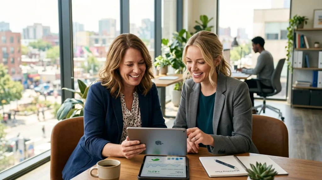 Business owner and SEO specialist smiling at an upward trending website ranking chart post-launch.