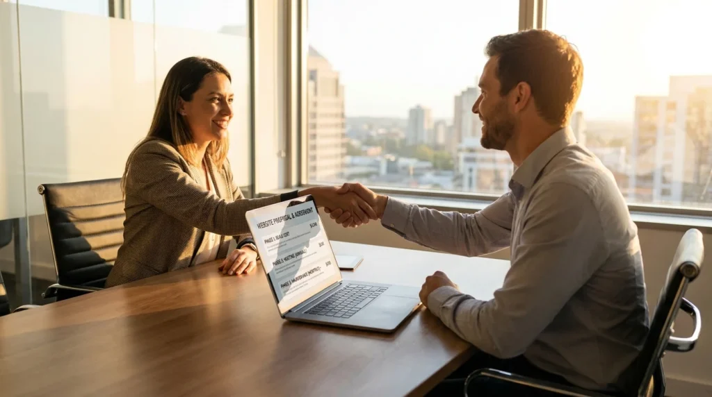Small business owner shaking hands with a web designer over a transparent website proposal.