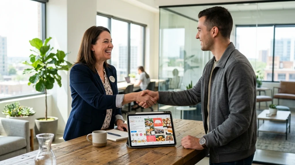 Relieved business owner shaking hands with a social media manager over an active Instagram profile.