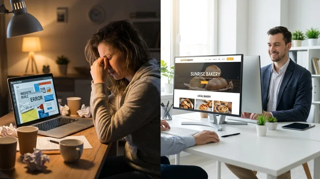 Comparison between a frustrated business owner building a DIY site and a professional web developer working efficiently.