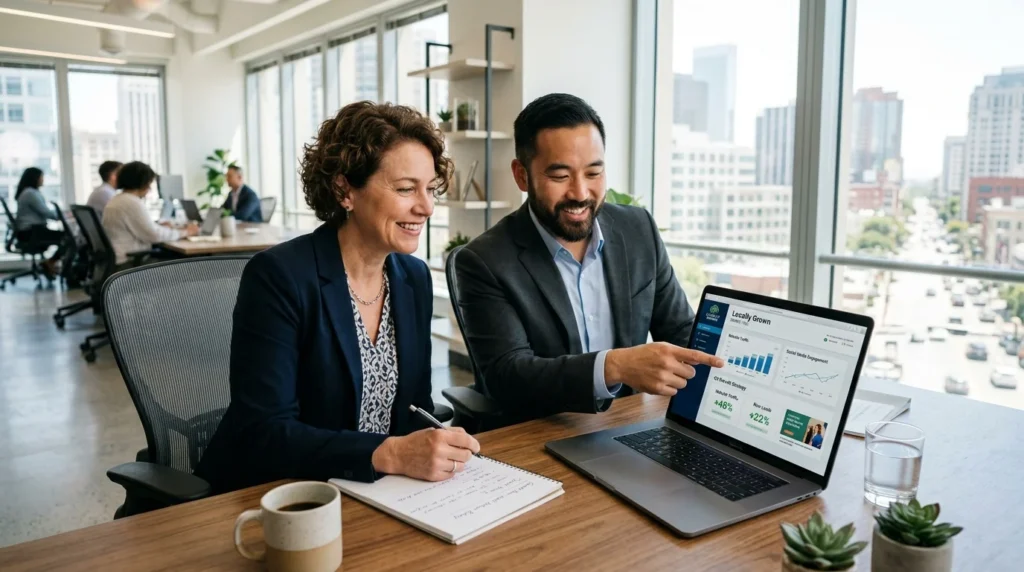 Business owner and marketer looking at an upward trending conversion graph on a laptop.