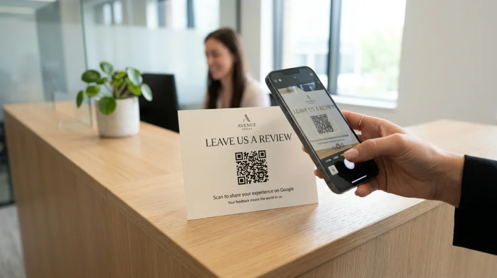 Smartphone scanning a QR code on a printed card on a reception desk to easily leave a customer review.