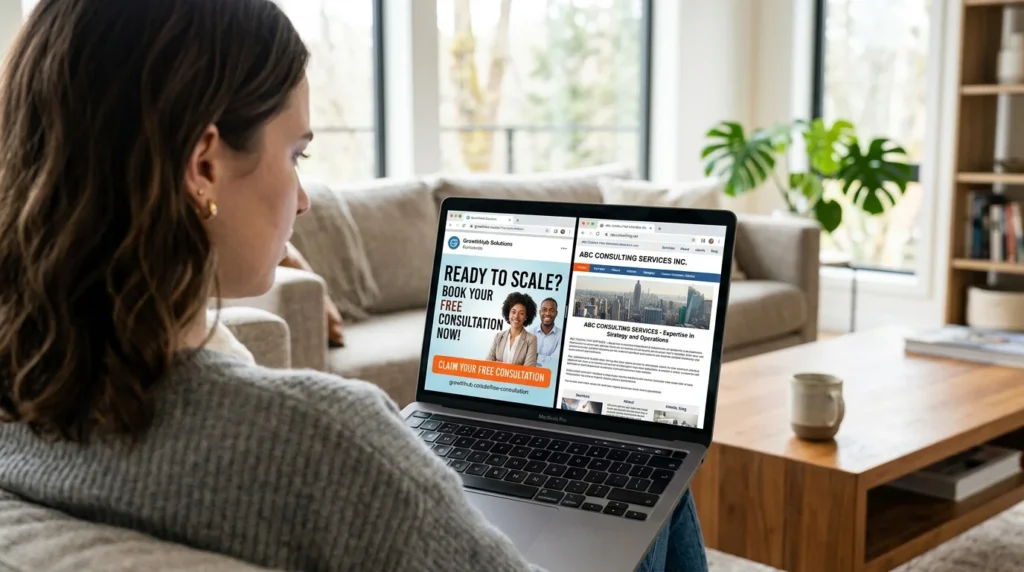 Split screen showing a specific social media ad versus a confusing, generic website homepage.