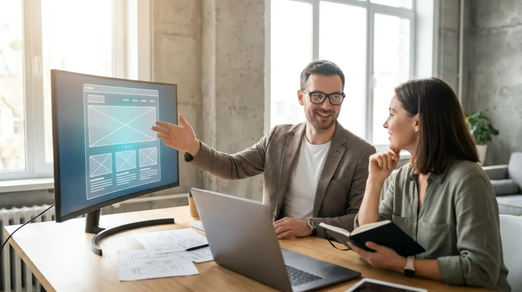 Web design consultant pointing at a website structure audit on a monitor while talking with a small business owner.