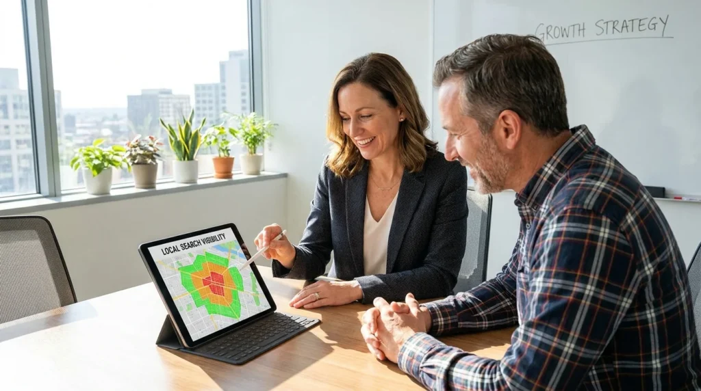 Marketing consultant showing a local search visibility heat map to a small business owner.