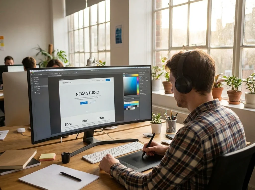 Web designer updating color palettes and typography on a computer monitor.