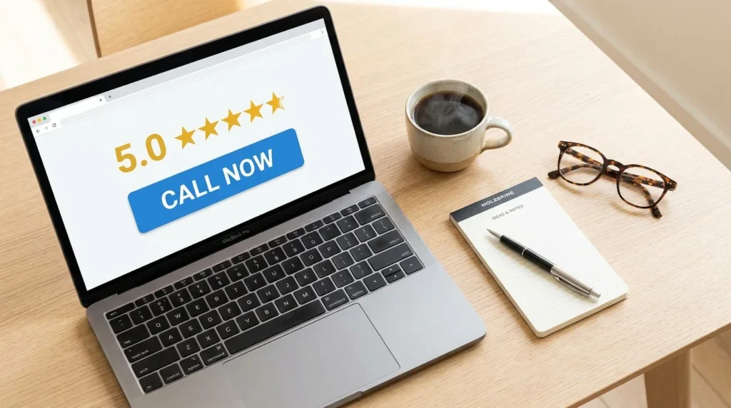 Laptop on a desk displaying an optimized service website with a clear Call Now button and 5-star customer reviews.