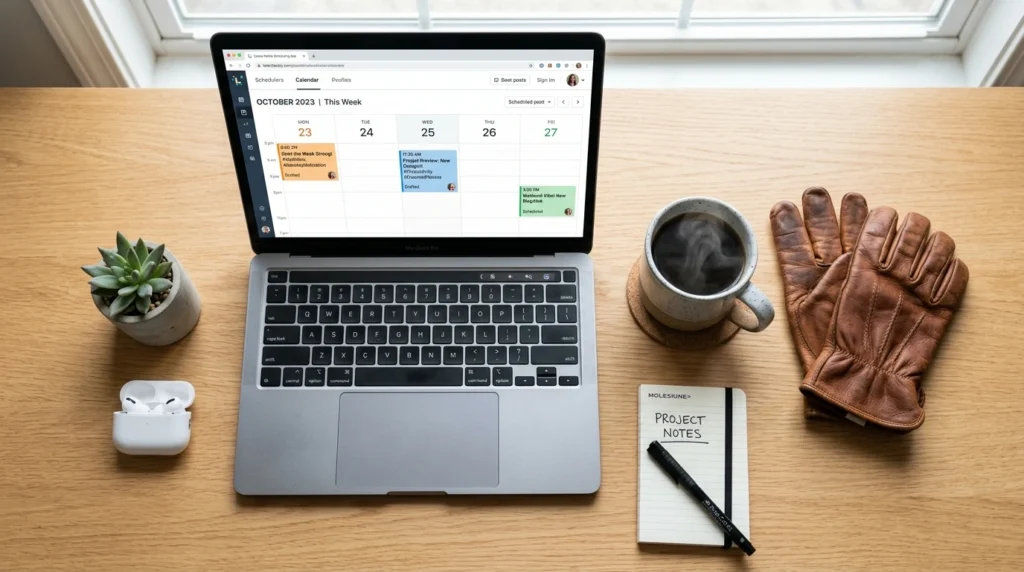 Laptop displaying a weekly social media scheduling calendar next to a cup of coffee and work gloves.