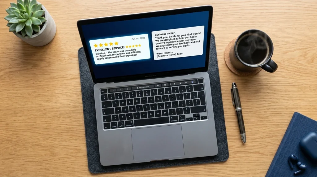 Business owner professionally responding to a customer review on a laptop.