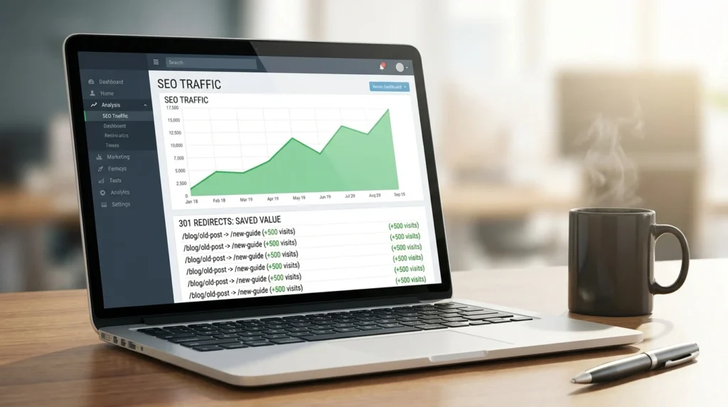 Laptop screen showing upward trending SEO traffic and secure 301 website redirects.