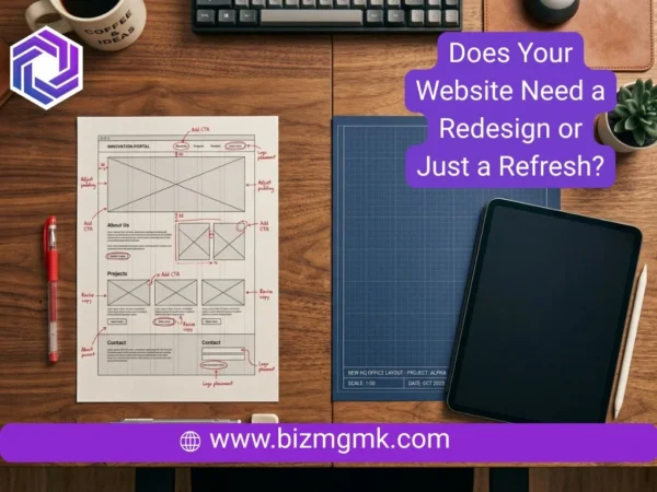 Desk conceptually split between editing an old website wireframe and starting a fresh digital blueprint.