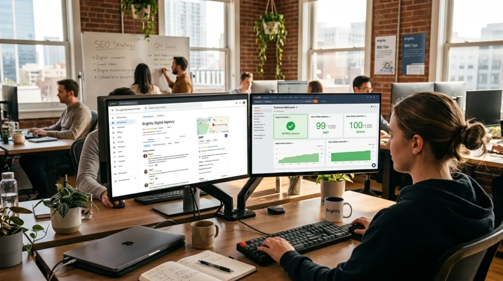 Dual computer monitors displaying a fully optimized Google Business Profile and a healthy technical SEO dashboard.