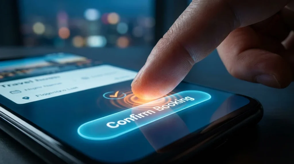 Close-up of a finger interacting with a responsive booking confirmation button on a mobile website.