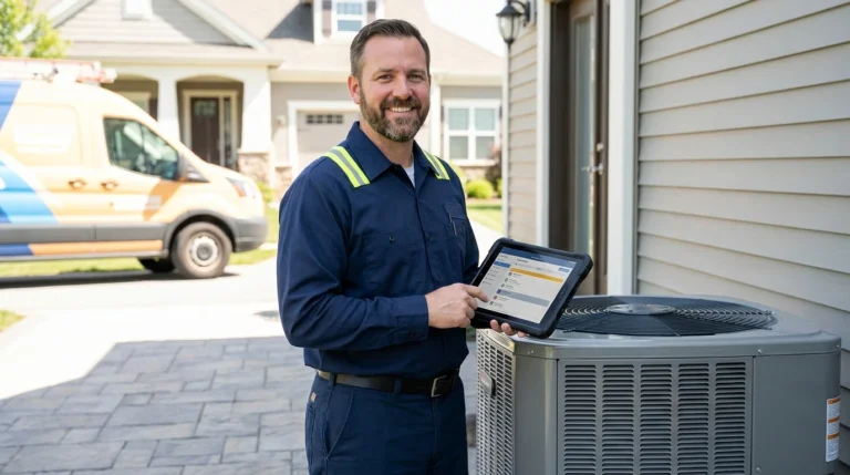 HVAC technician next to a modern air conditioning unit holding a digital scheduling and dispatch tablet.