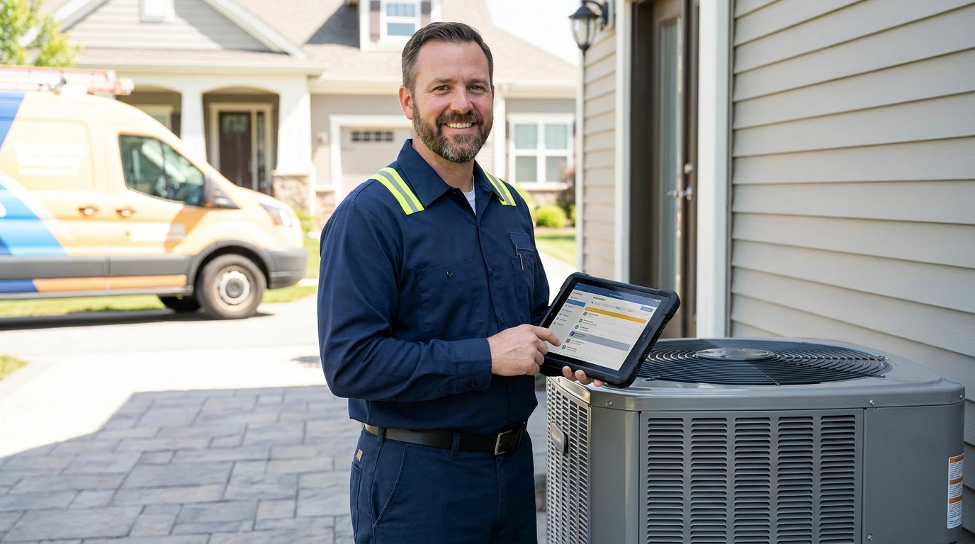 HVAC technician next to a modern air conditioning unit holding a digital scheduling and dispatch tablet.