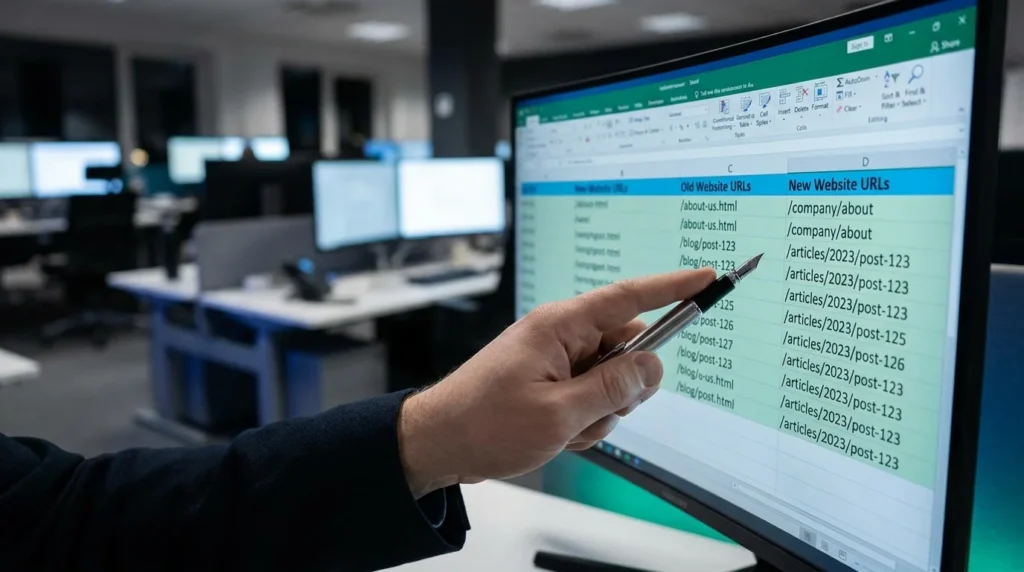 Web developer reviewing a 301 redirect map spreadsheet on a computer monitor.