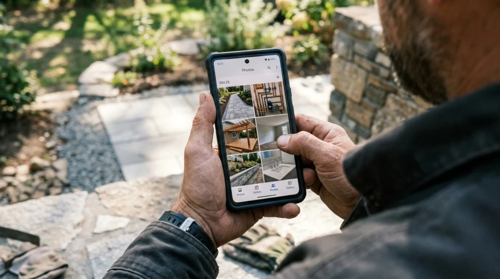 Smartphone screen showing a camera roll filled with everyday photos of completed local service jobs.