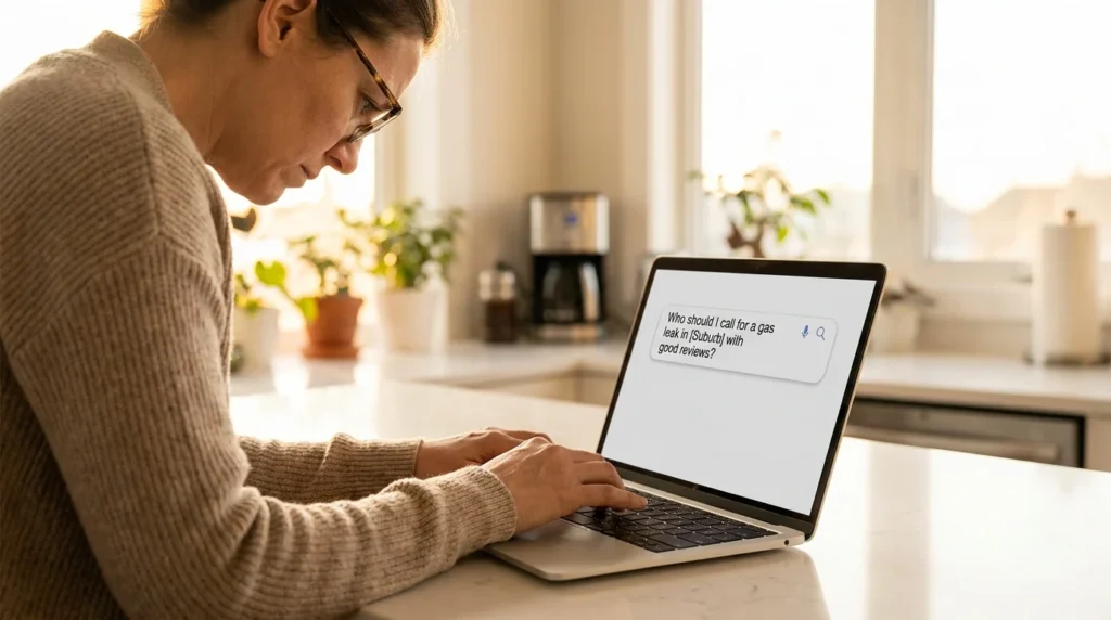 Homeowner typing a long conversational question about local trade services into an AI search interface.