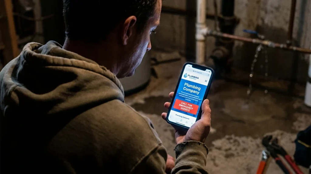 Homeowner looking at a local plumbing emergency website on their mobile phone.