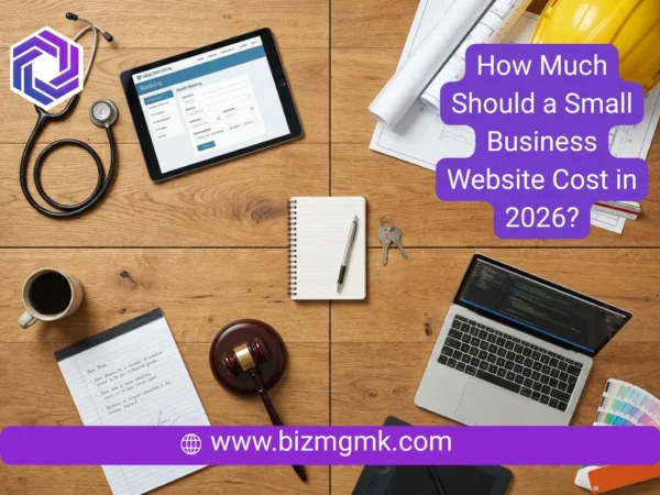 Various small business tools and digital tablets representing different industry website needs