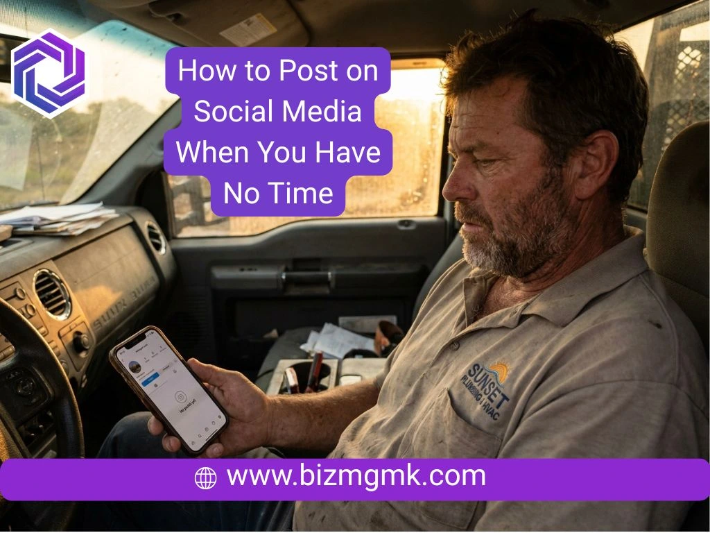 Local business owner sitting in a work truck looking stressed at an empty social media profile on a smartphone.