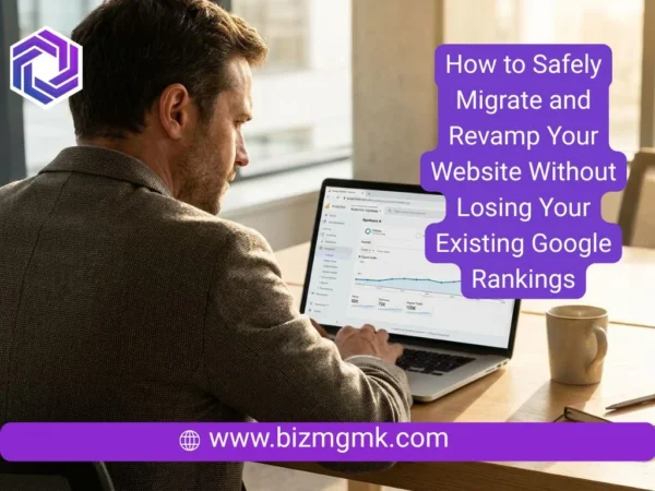 Business owner analyzing a steady Google Analytics organic traffic graph on a laptop.