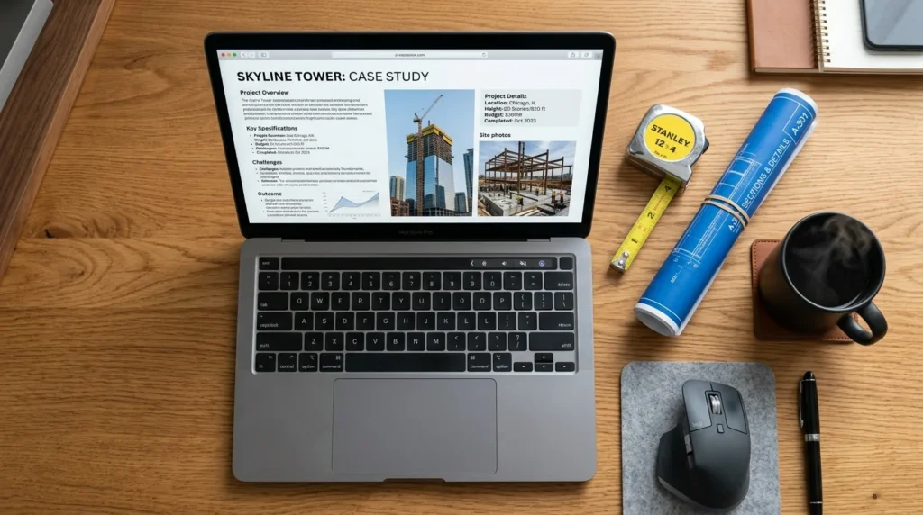 Laptop displaying a detailed contractor project case study next to a tape measure and blueprints.