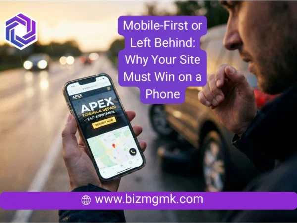 Stranded driver using a smartphone to search for a local auto repair website.