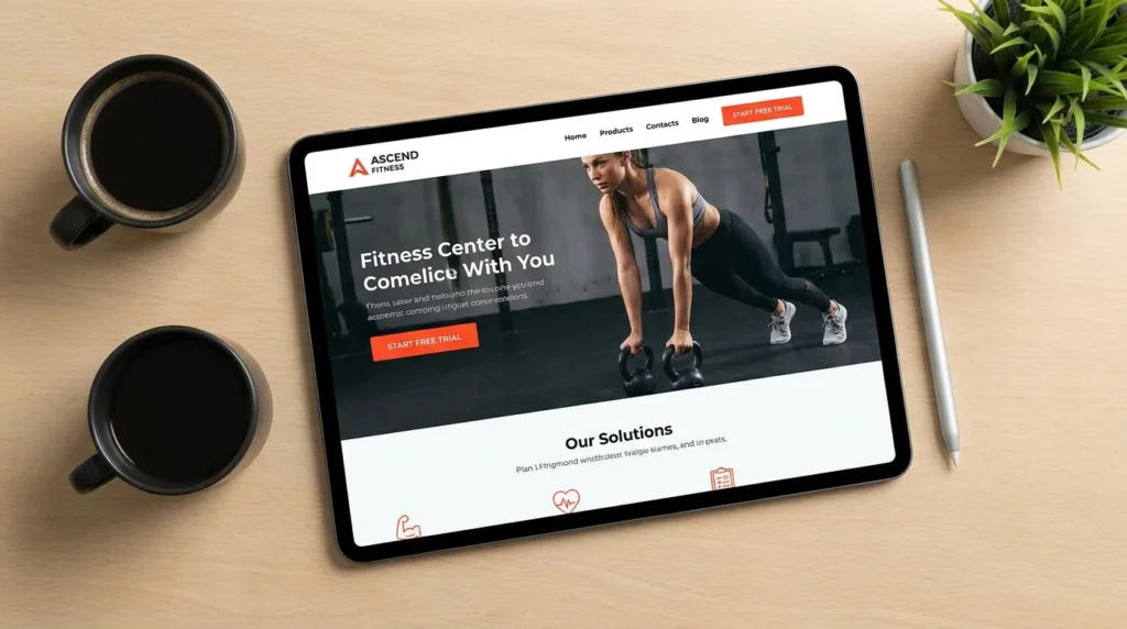 Digital tablet showing a gym website wireframe with a high-contrast call to action button.