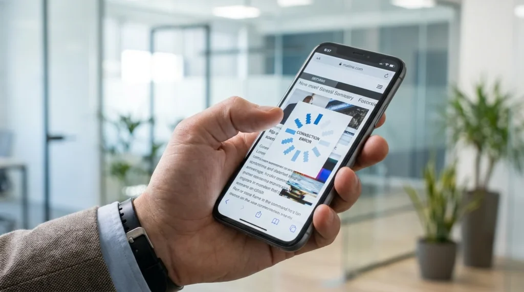 Close-up of a smartphone screen showing a slow loading and broken mobile website layout.