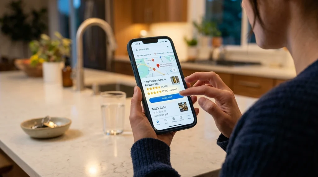 Person holding a credit card while choosing a highly-rated local business on a smartphone map search.