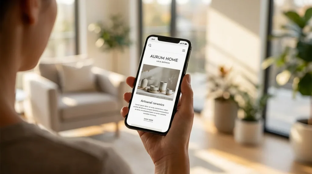 A prospective customer viewing a beautifully designed, trustworthy local business website on their smartphone.