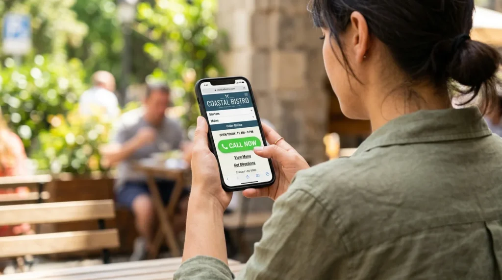 Person easily navigating a fast, mobile-optimized local business website on their smartphone.