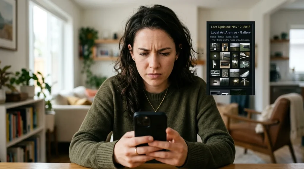 Potential customer looking skeptical while viewing an outdated 2018 photo gallery on a local service website.