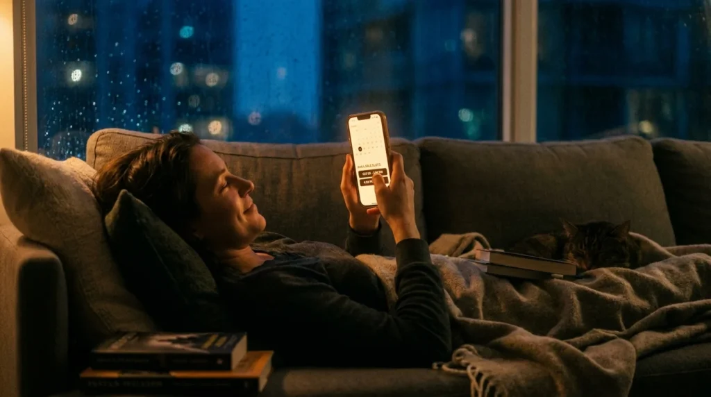 Potential patient using a smartphone at night to easily book a clinic appointment online.