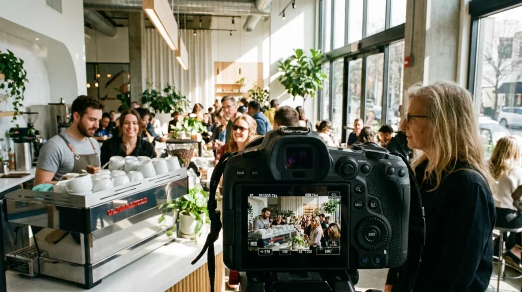 Professional photographer capturing authentic, high-quality images inside a busy modern cafe.